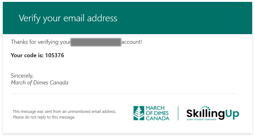 Example email from SkillingUp with verification code