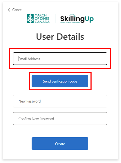 User Details display box. "Email Address" box, and "Send verification code" button is highlighted
