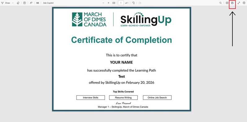 A new tab will open with your certificate on it. You will then click the disk icon on the top right to save the document to your computer.