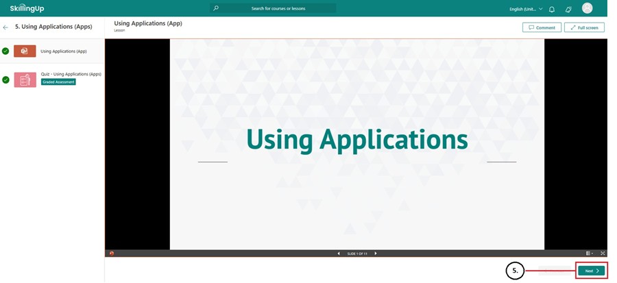 Some lessons will be followed by a quiz that must be completed. To access your quiz, click the green “Next” button on the bottom right.