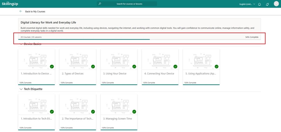 You will also notice a bar that shows the percentage of the Learning Pathway that you have completed. Continue working through your Learning Pathway until you have completed all modules.