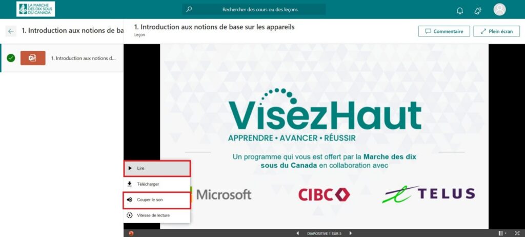 Ici, vous pouvez cliquer sur « Lire » pour activer l’audio ou sur « Couper le son » pour désactiver le son.